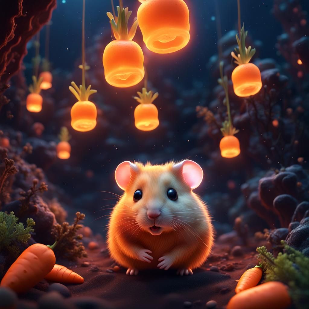 Glow Hamster with Carrot in Deep Sea: Detailed Matte Paintin...