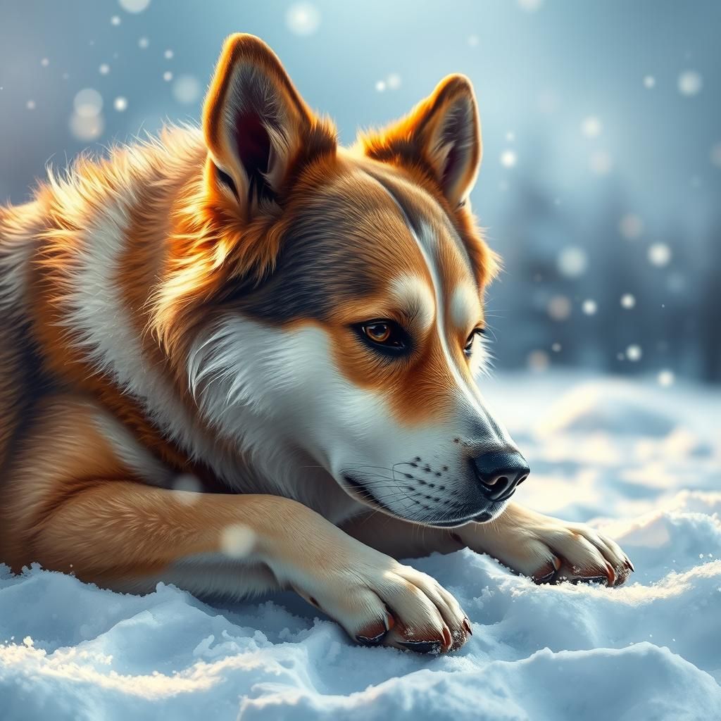Dog in Snow: Hyperrealistic Splash Art