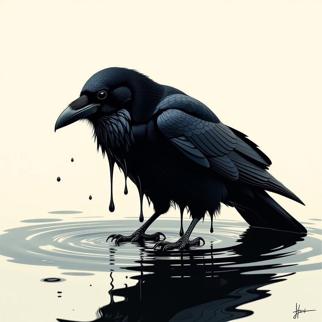 Raven Emerging from Ink Pool: Macro Photography
