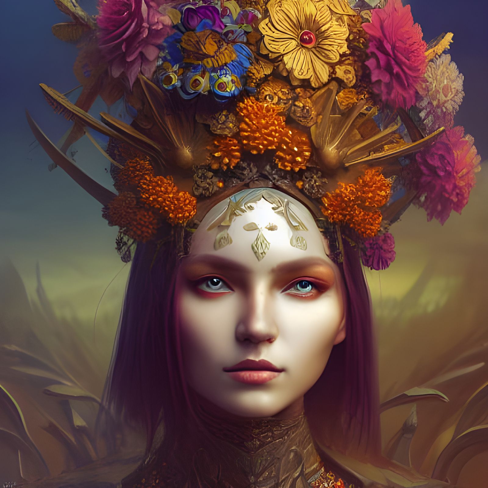 Ukrainian Warrior with Flower Headdress in Fantasy Art