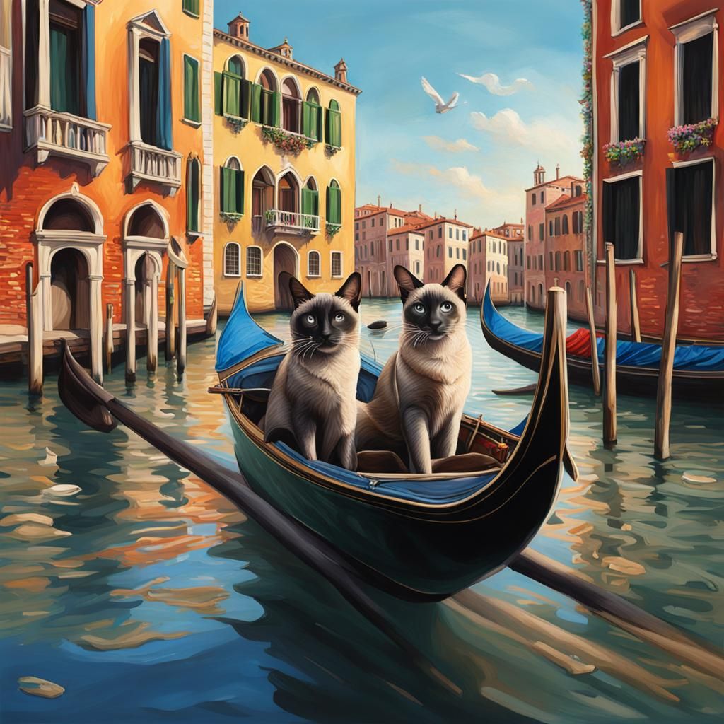 Siamese Cats in Venice: Hyperrealistic Splash Art