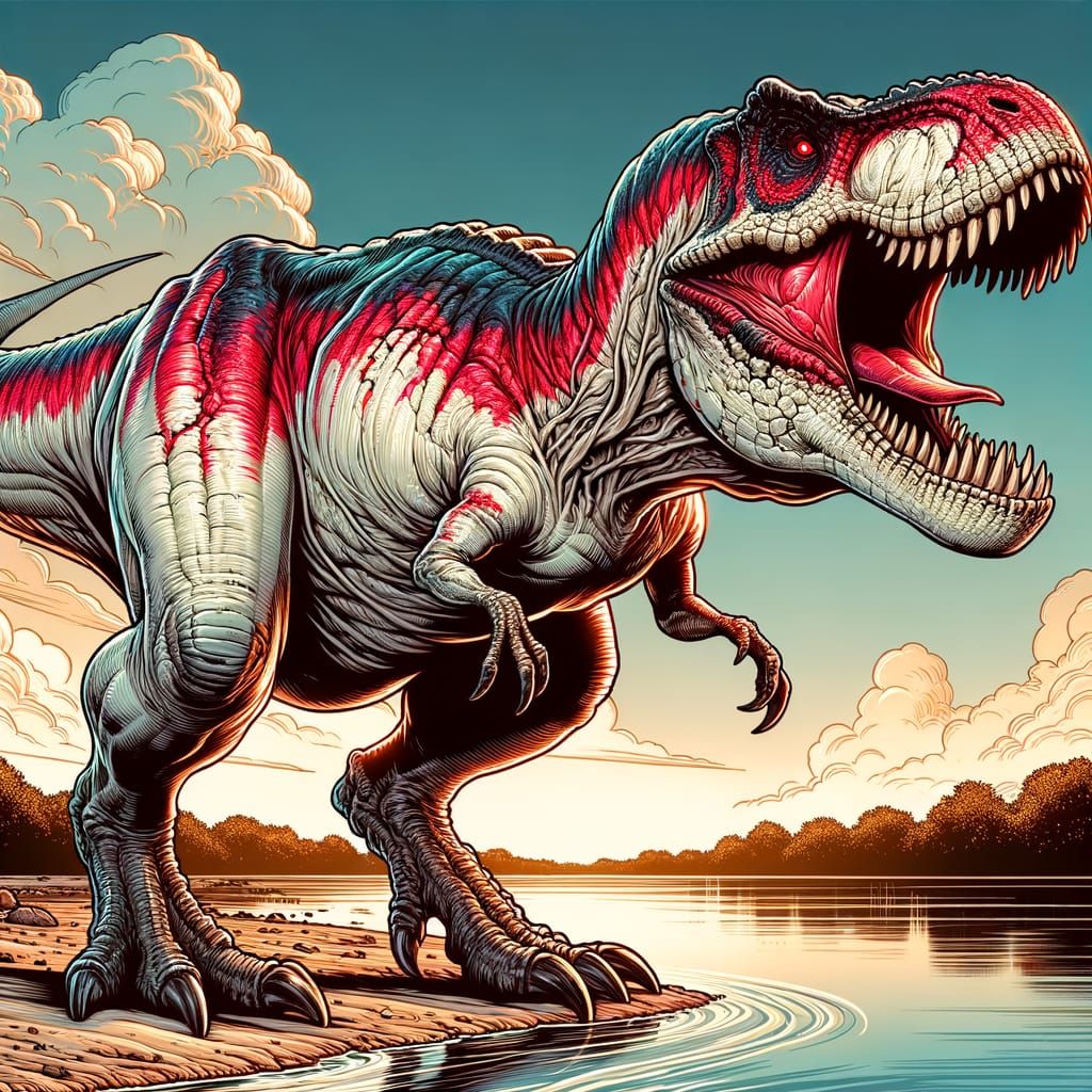 Bioluminescent T-Rex Roars by River in Comic Art Style
