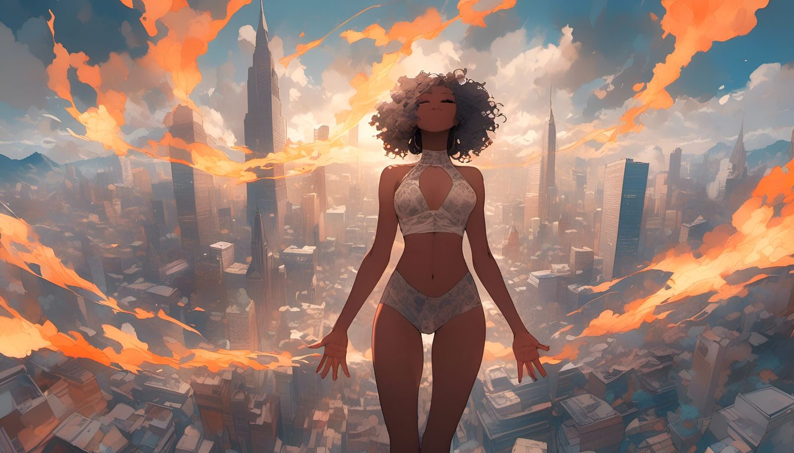 Double Exposure: Woman with Burning City Background