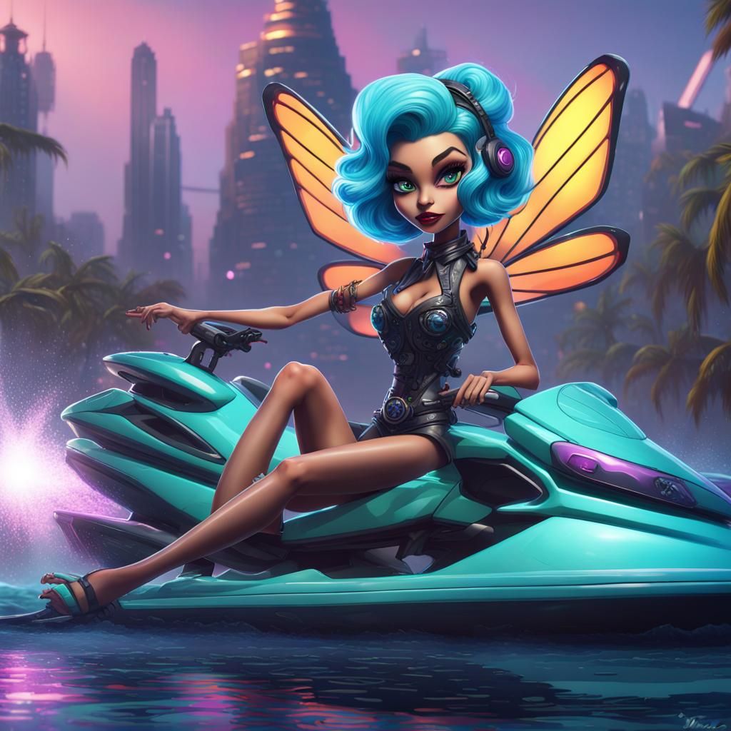 Whimsical Goth Doll on Jet Ski in Tron Lighting