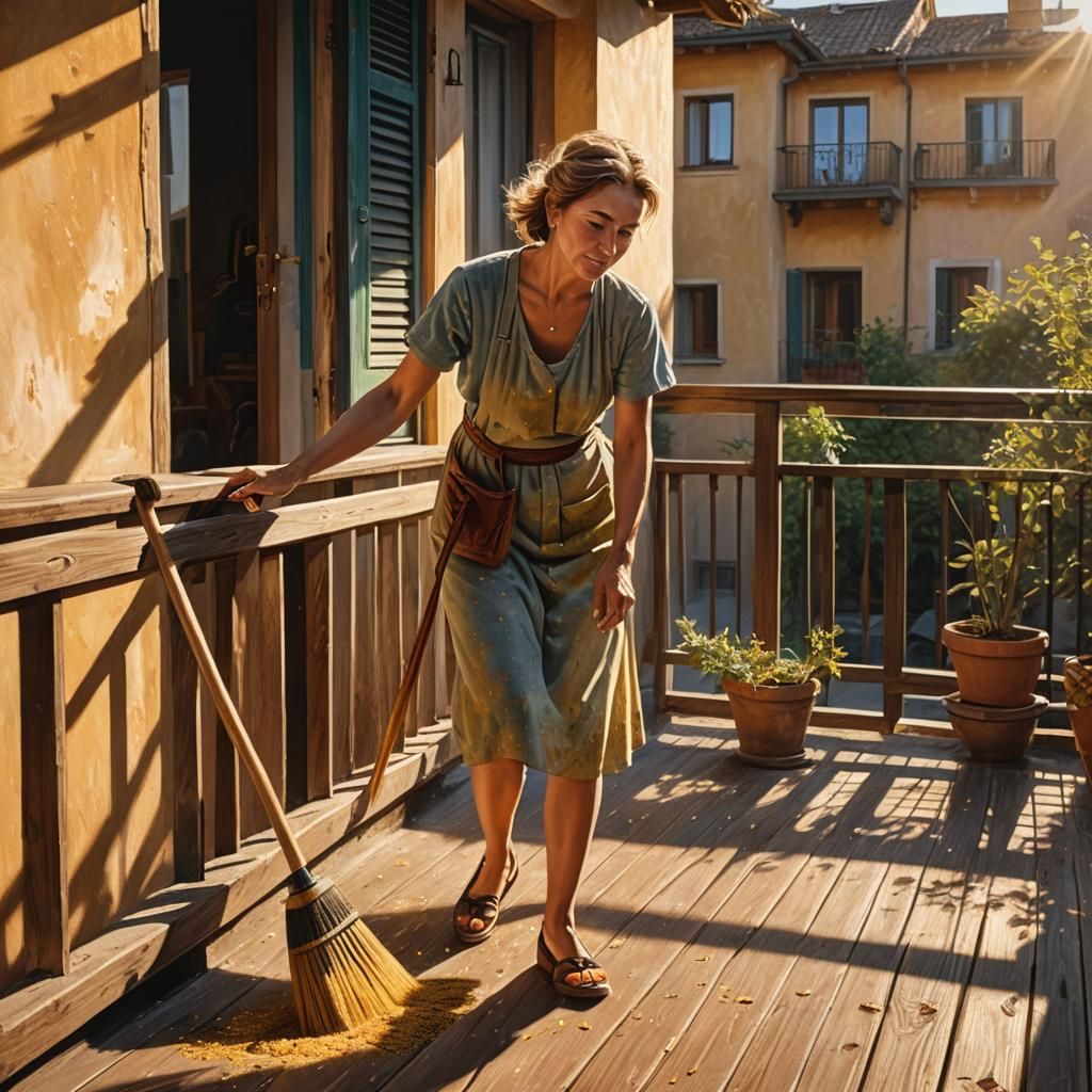 Hyperrealistic Woman Sweeping Balcony in Golden Light