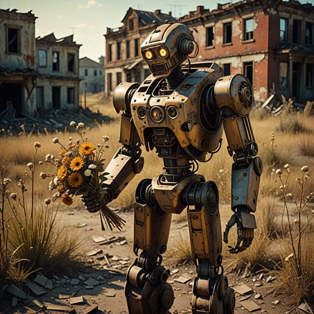 Surrealist Robot Amidst Wilted Flowers in Post-Apocalyptic L...