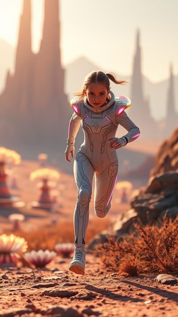 Futuristic Girl Running on Alien Planet in Neon Exosuit