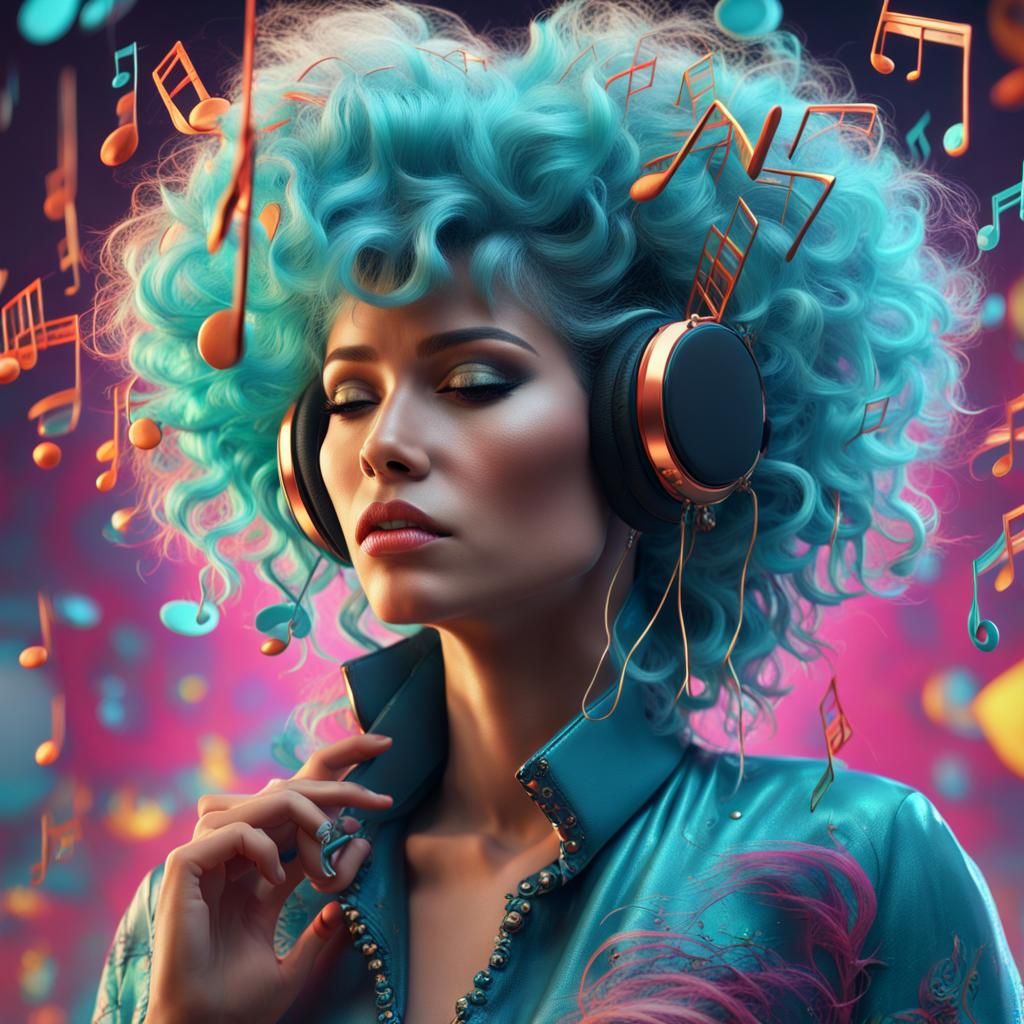 1980s Woman with Music Notes: Detailed Matte Painting