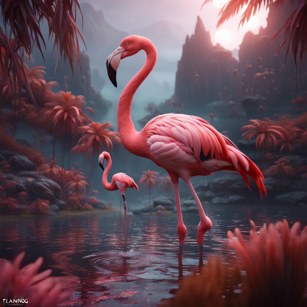 Fantastical Flamingo in Detailed Matte Painting