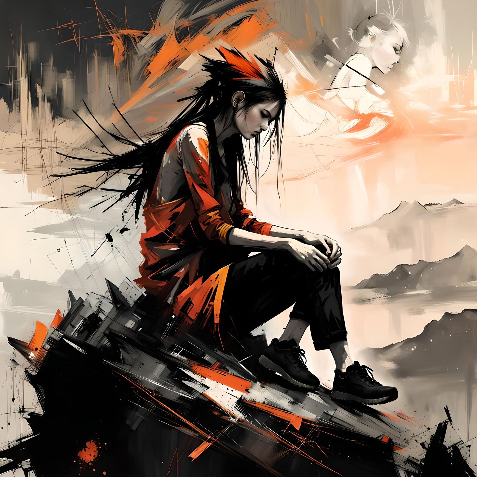 Sad Punk Goddess Contemplates Lonely Mountain Top