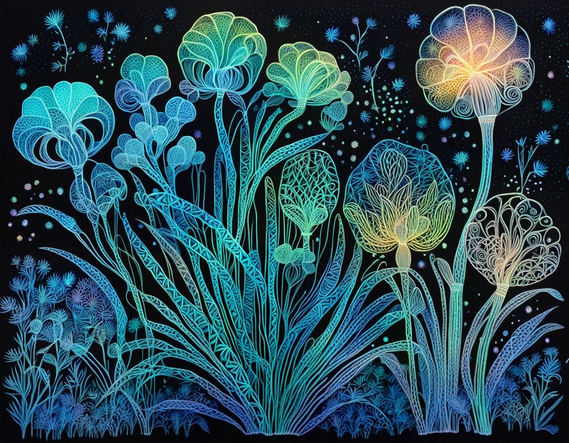Bioluminescent Papyrus Plants: Zentangle Holographic Art