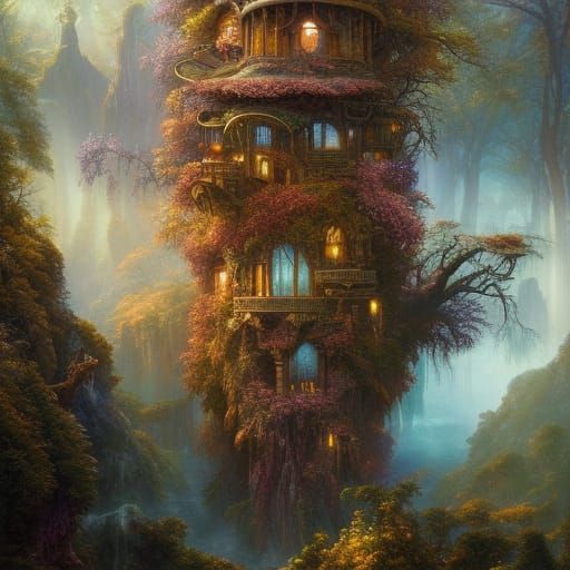 Cosmic Treehouses on Epic Hill, Hyperdetailed Fantasy Art