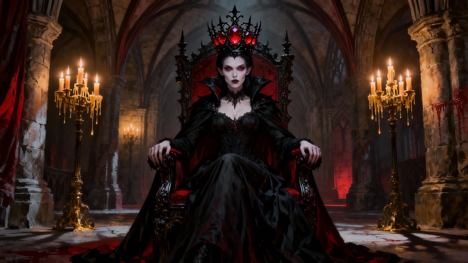 Regal Vampire Queen in Gothic Throne Room