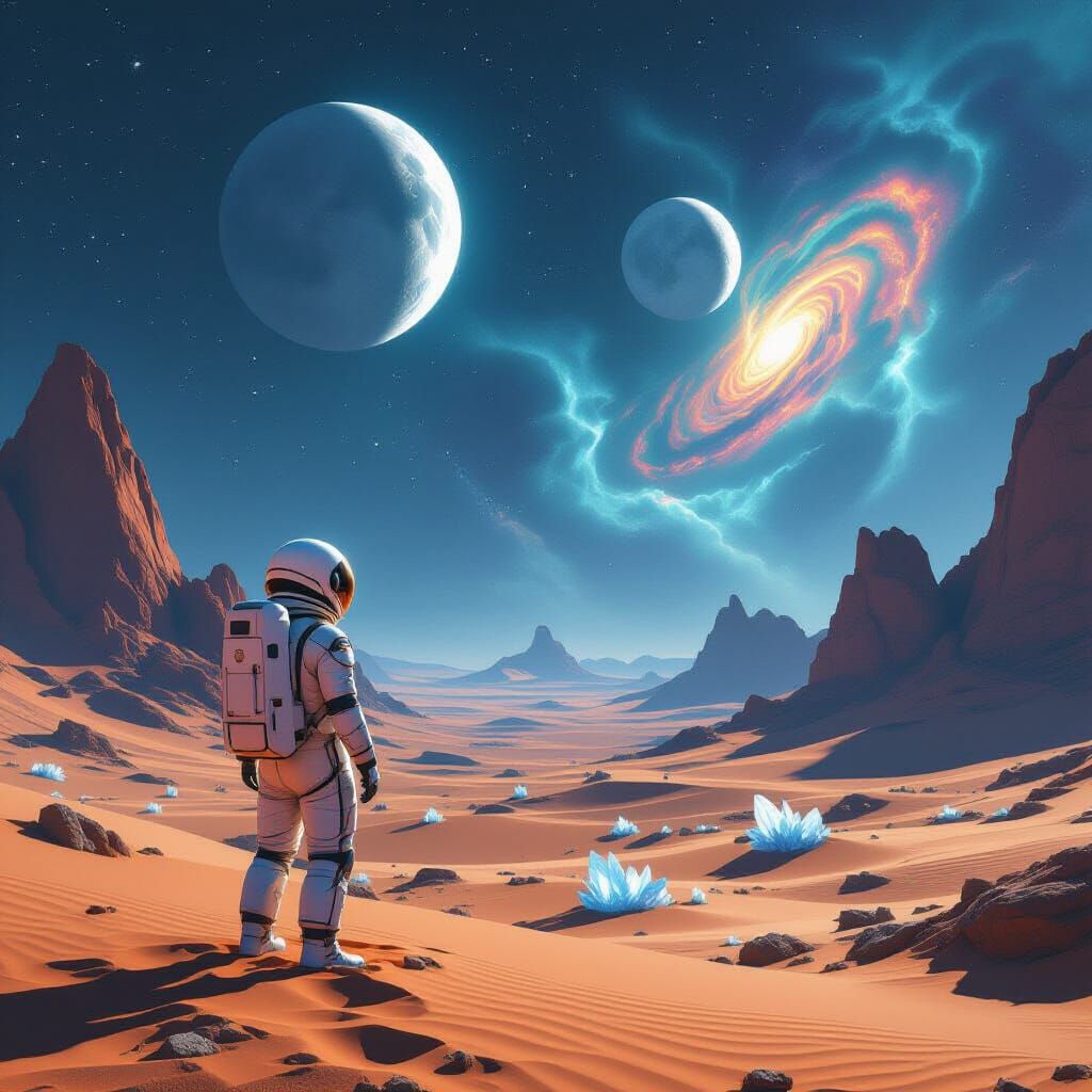 Astronaut Gazes at Alien Sky with Two Moons
