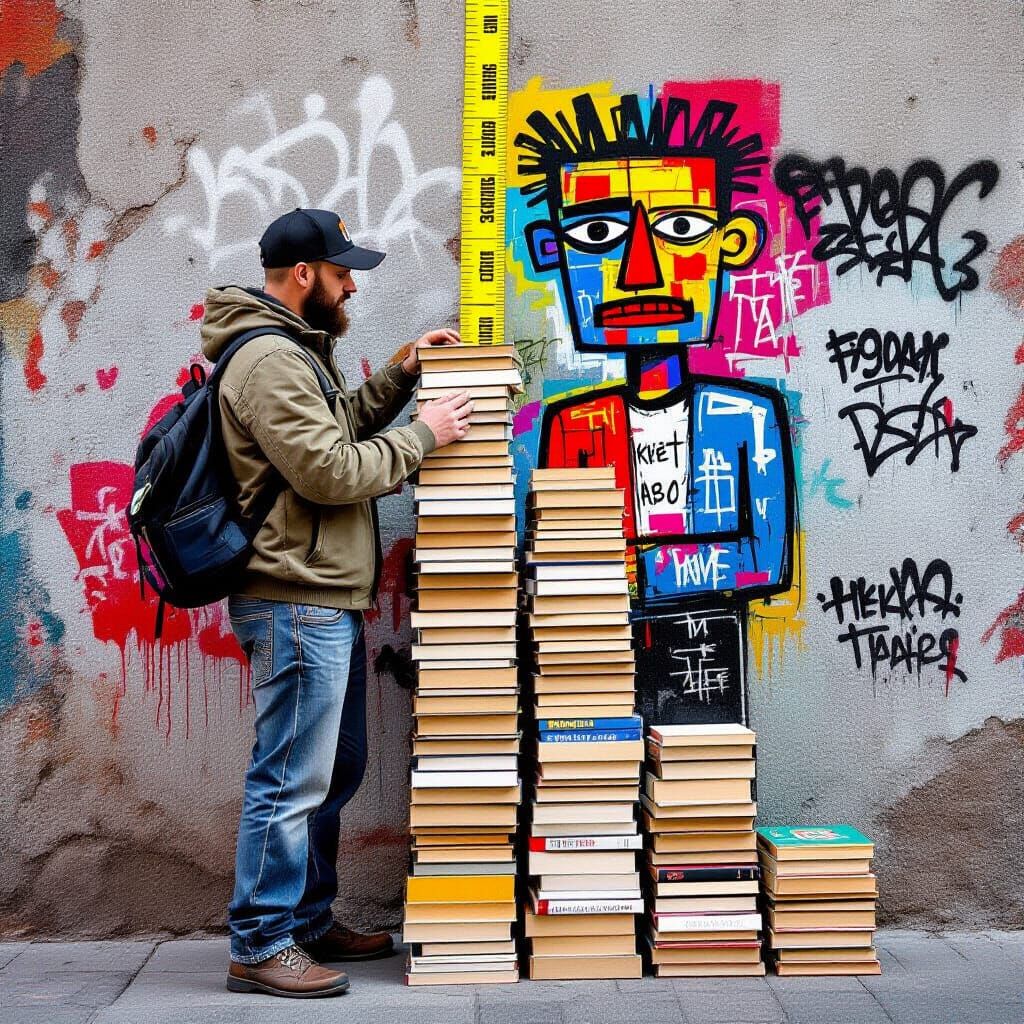 Man Measures Books Near Graffiti Wall in Street Art Style