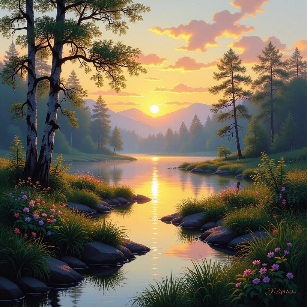 Serene Dawn Landscape in Luminous Style