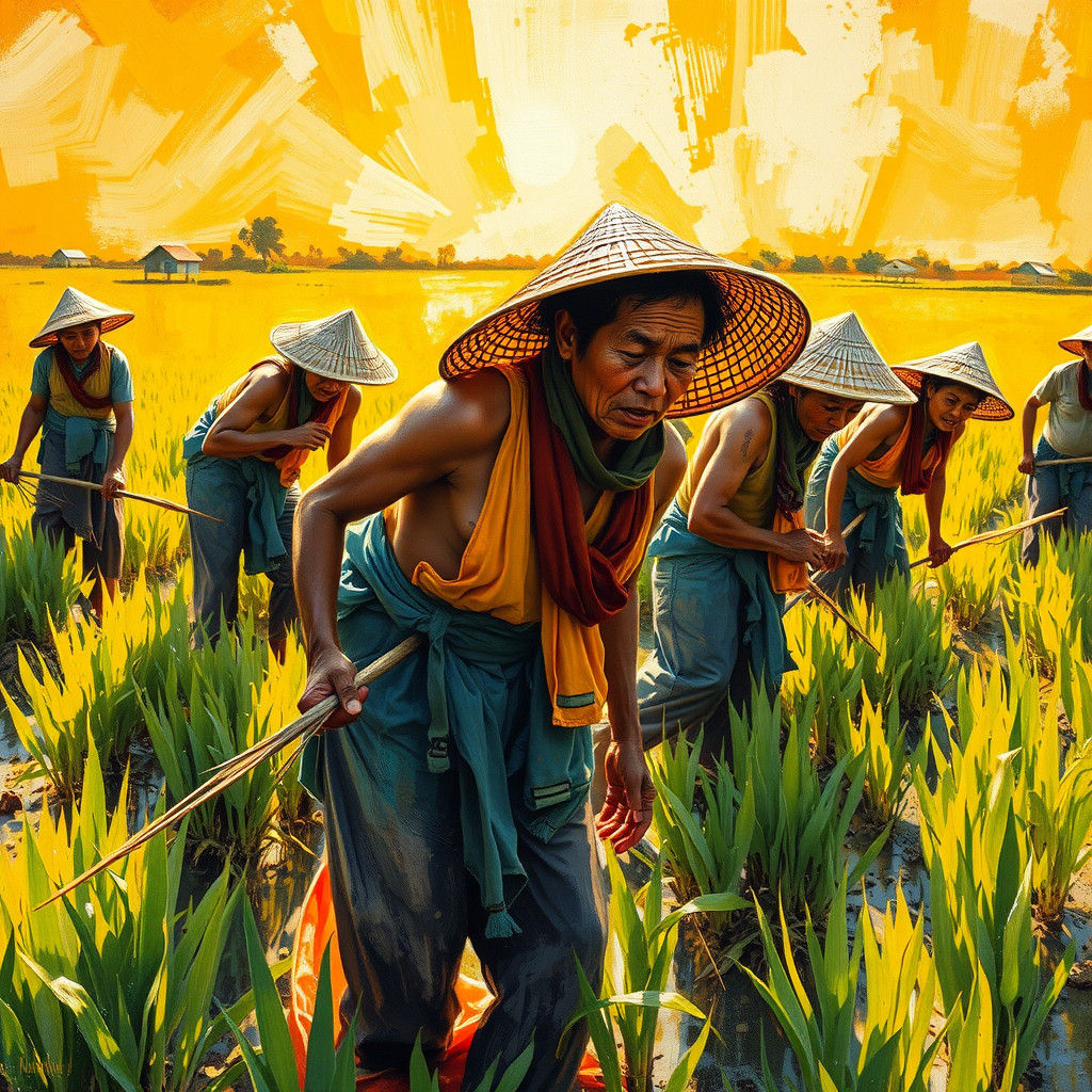 Filipino Rice Harvesters in Expressive Realism Style