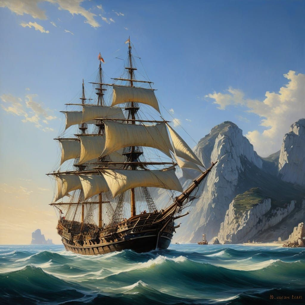 Spanish Galleon Sails in the Mediterranean near Gibraltar