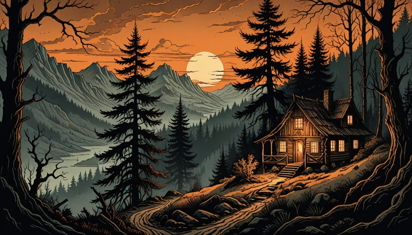 Haunted Cabin in Mountains: Woodcut Illustration