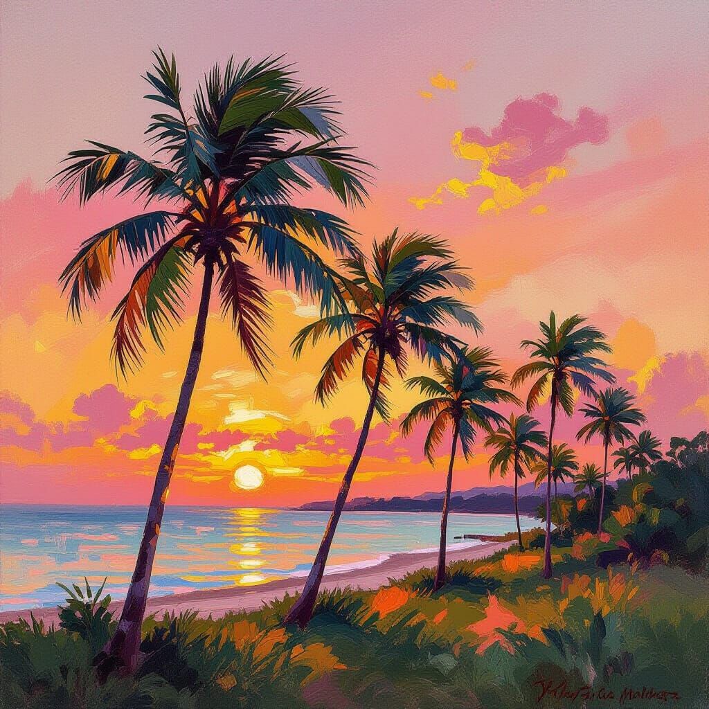 Tropical Palms Swaying at Sunset: Impressionist Style