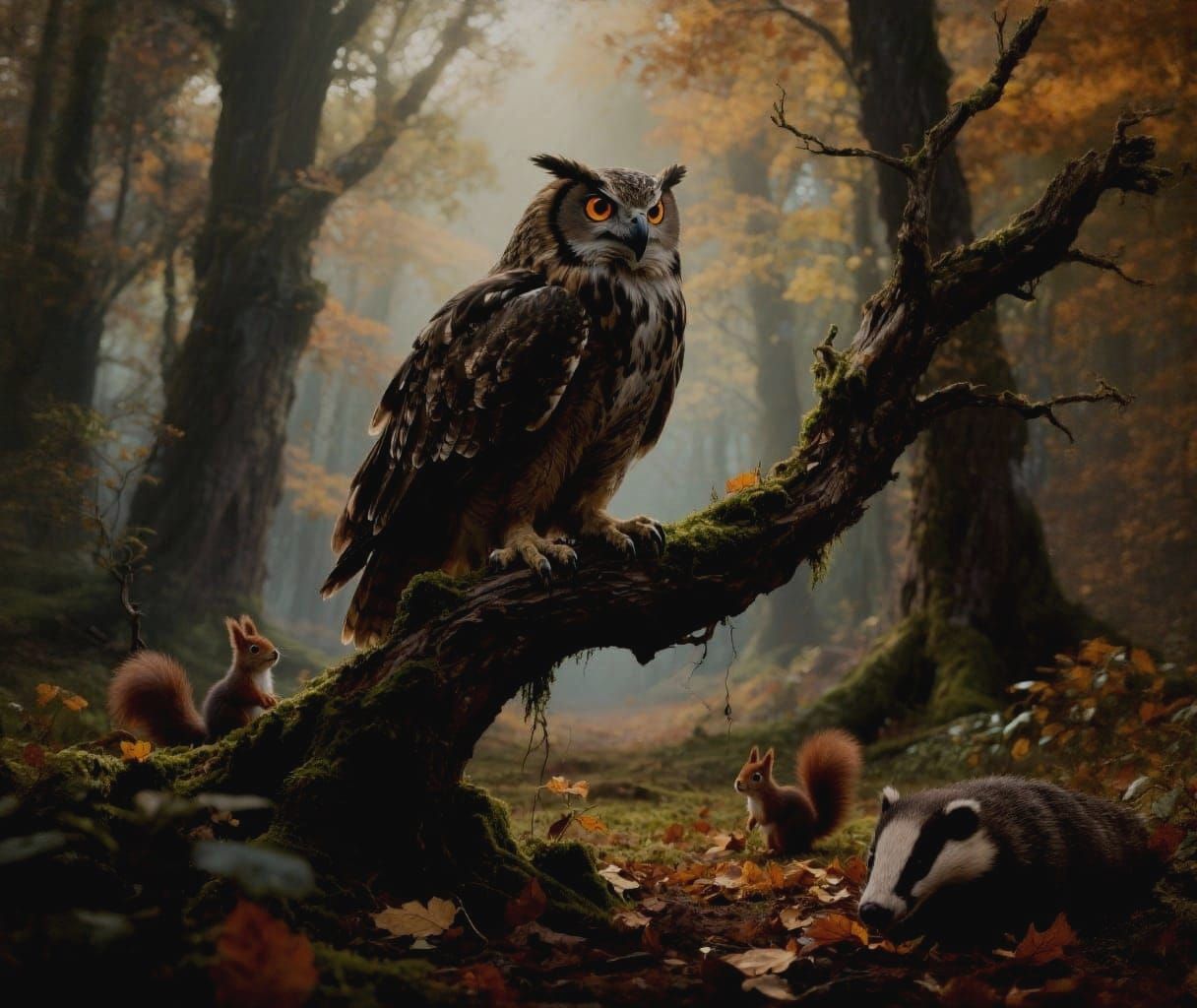 Eagle Owl Perched on Ancient Branch in Autumn Forest