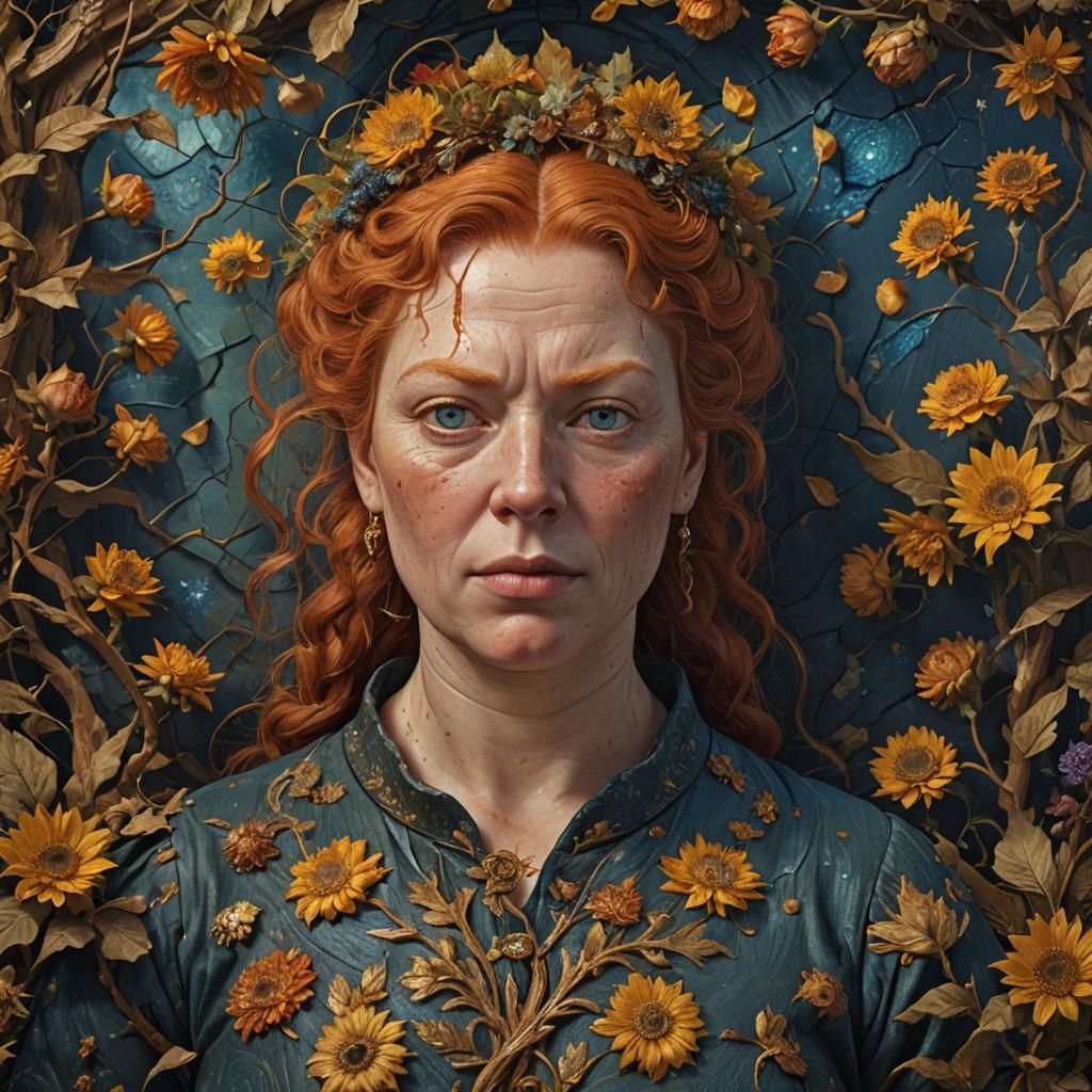 Van Gough, raw makeup-free middle aged chubby redhead woman