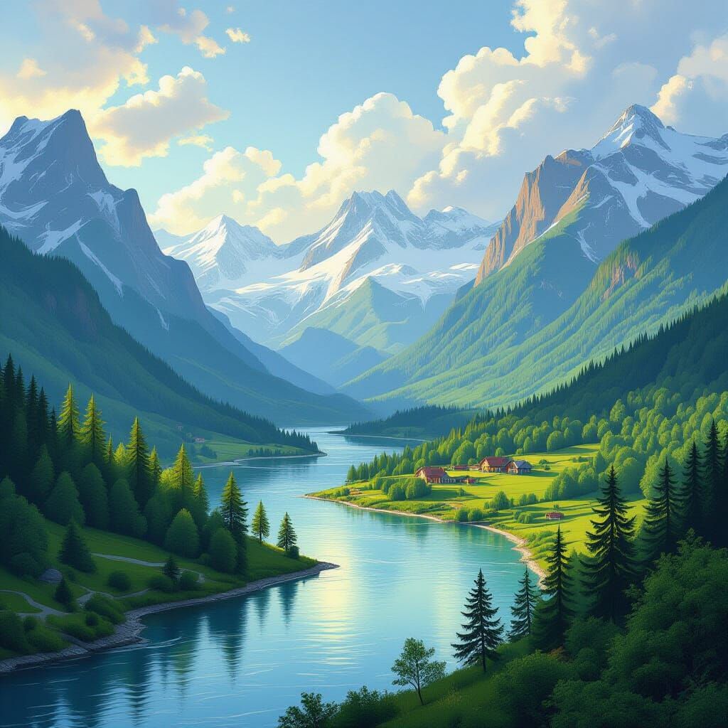 Serene River Valley with Majestic Mountains and Lush Forests