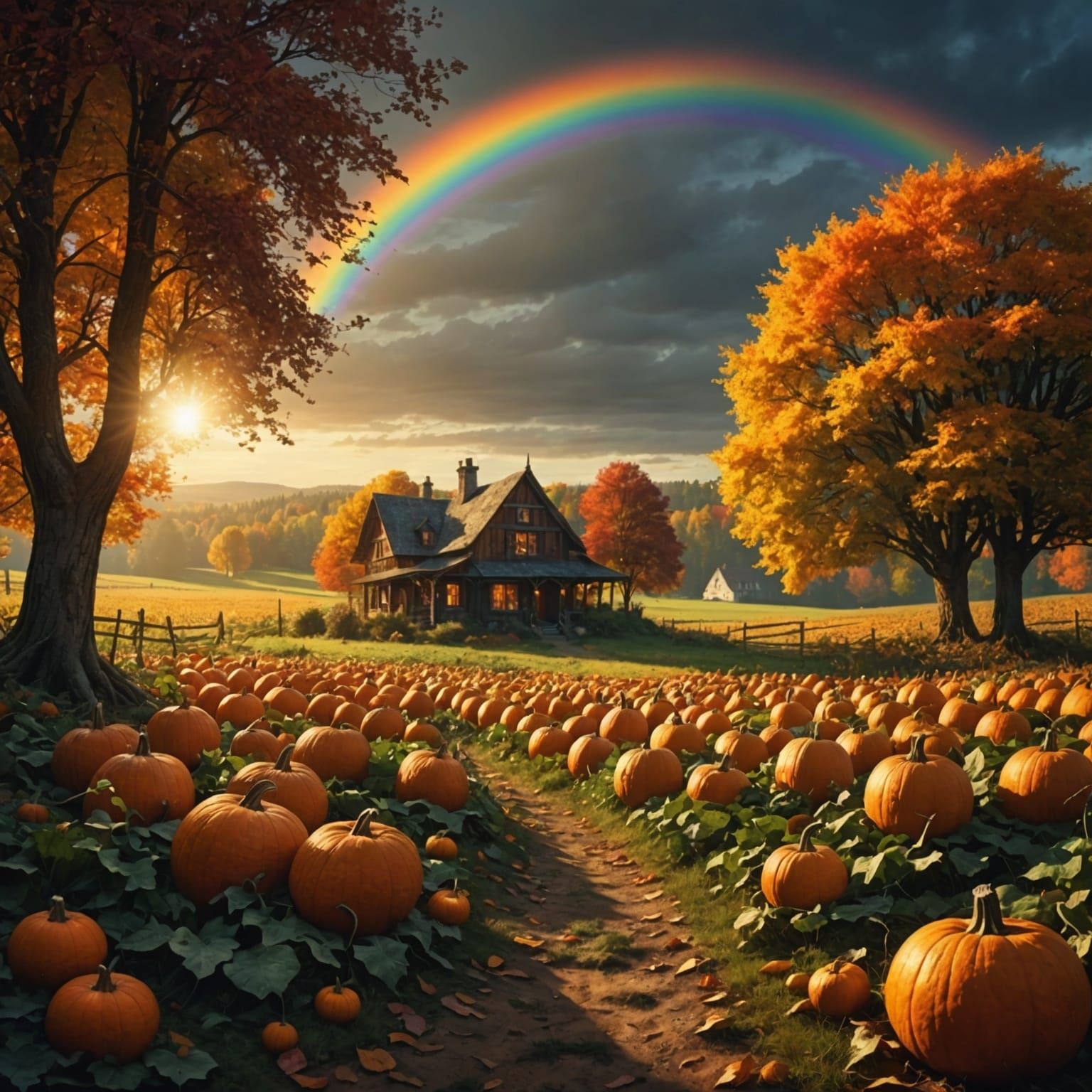 Autumn Pumpkin Field Rainbow: Fantasy Concept Art