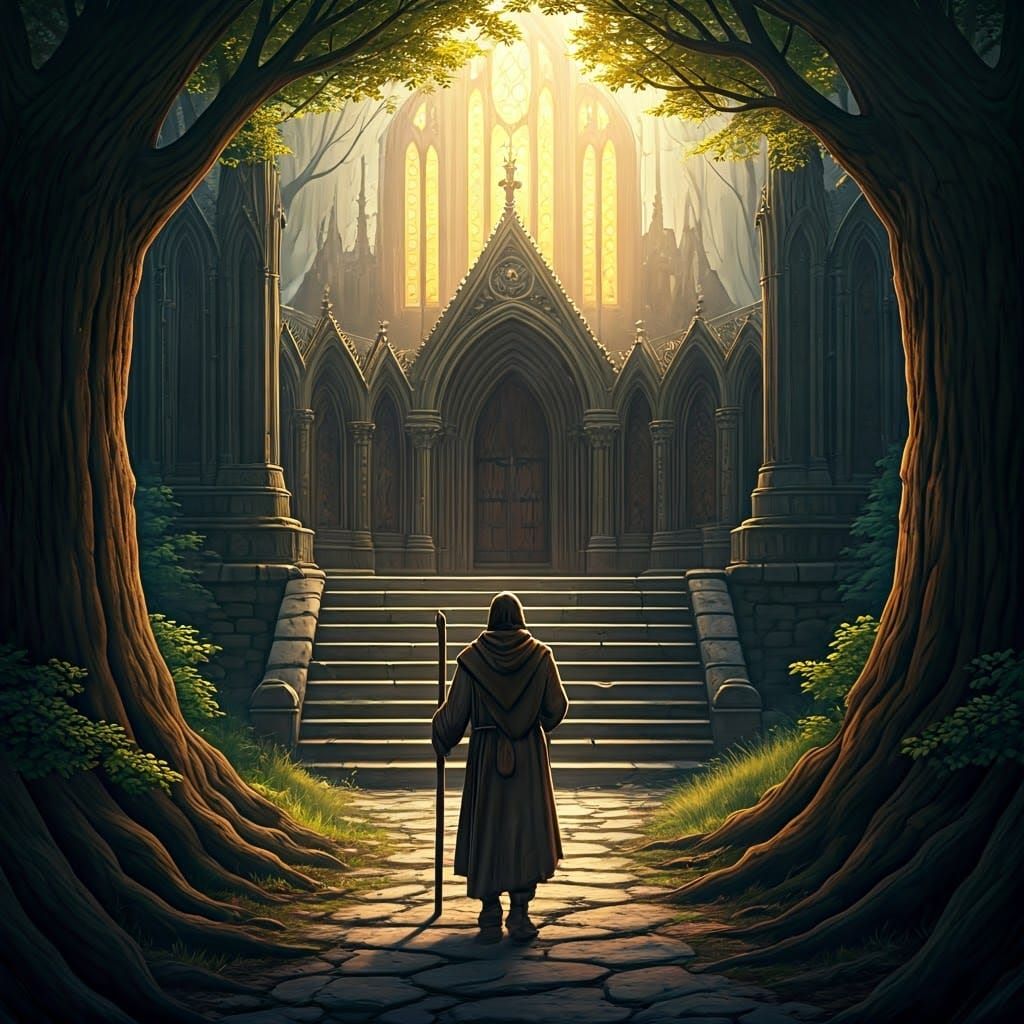 Medieval Pilgrim Approaches Forest Shrine