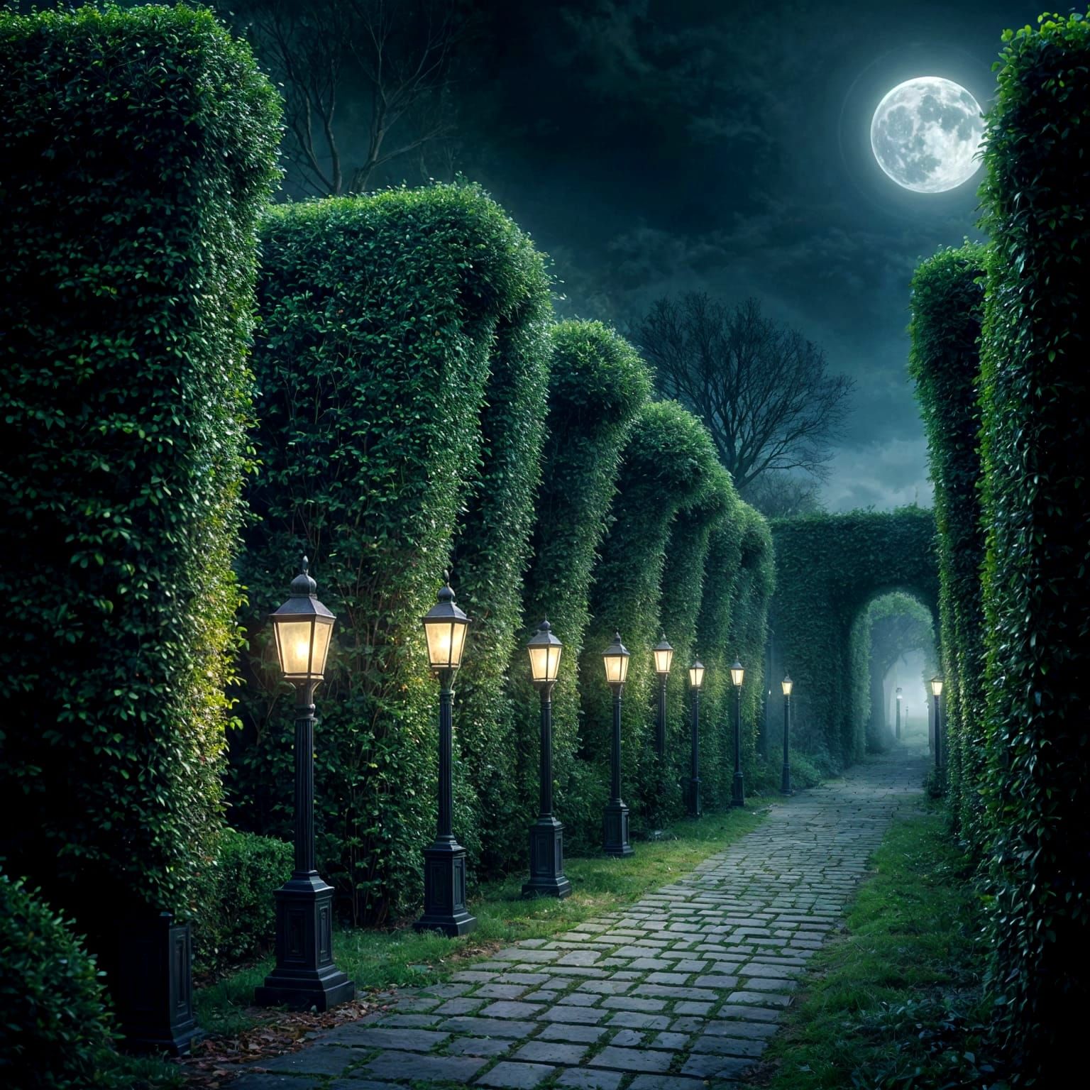 Ominous Hedge Maze with Hidden Statues