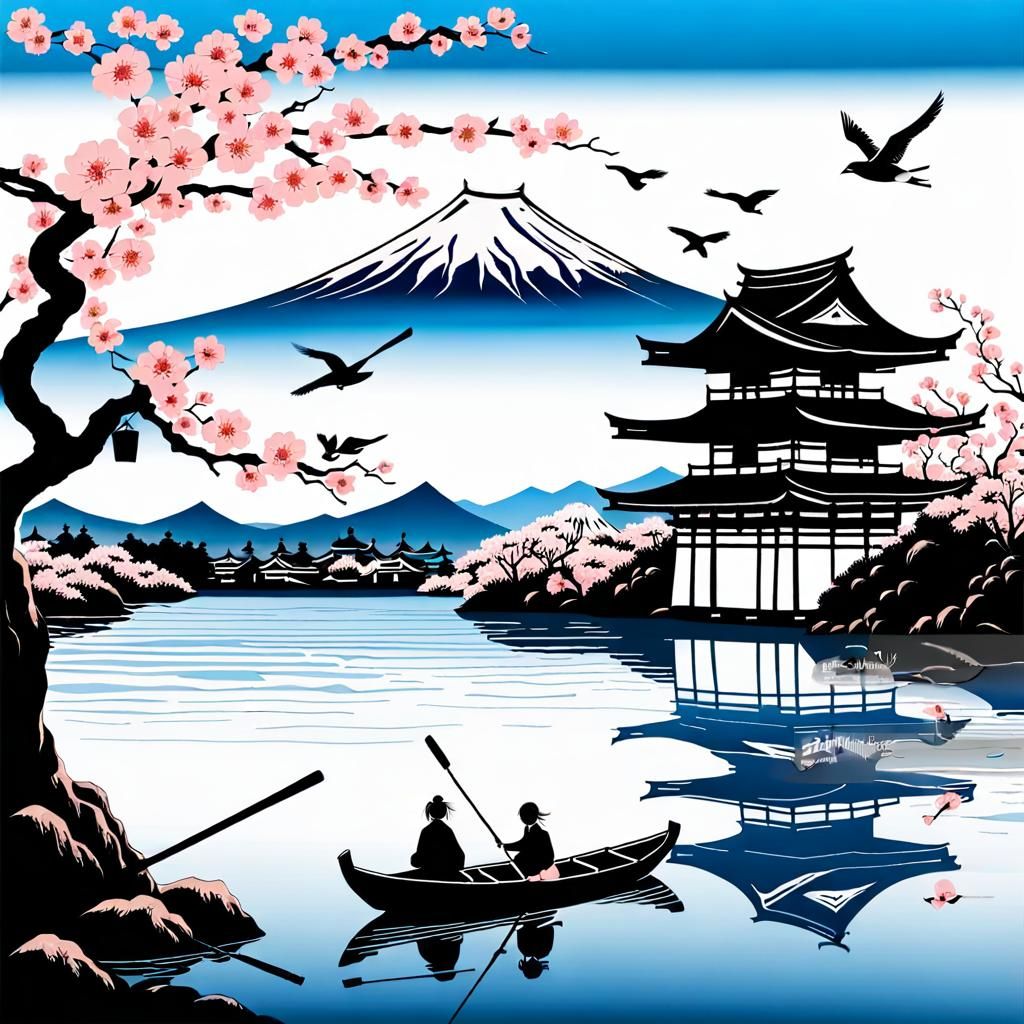 Japanese temple and a blossoming  Sakura tree at shore of a river. A boat with a rowing girl on the river. Mount Fuji in...
