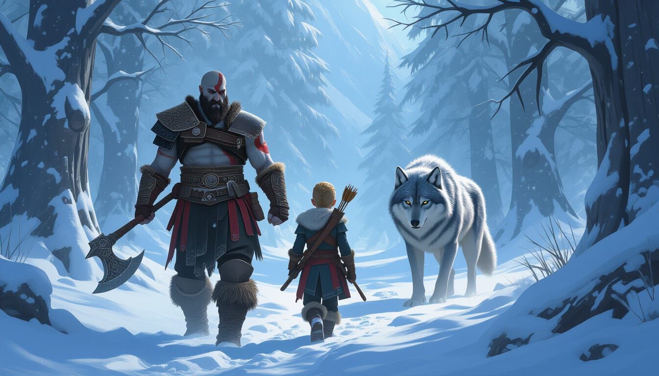 Kratos and Loki with Wolf in Snowy Forest