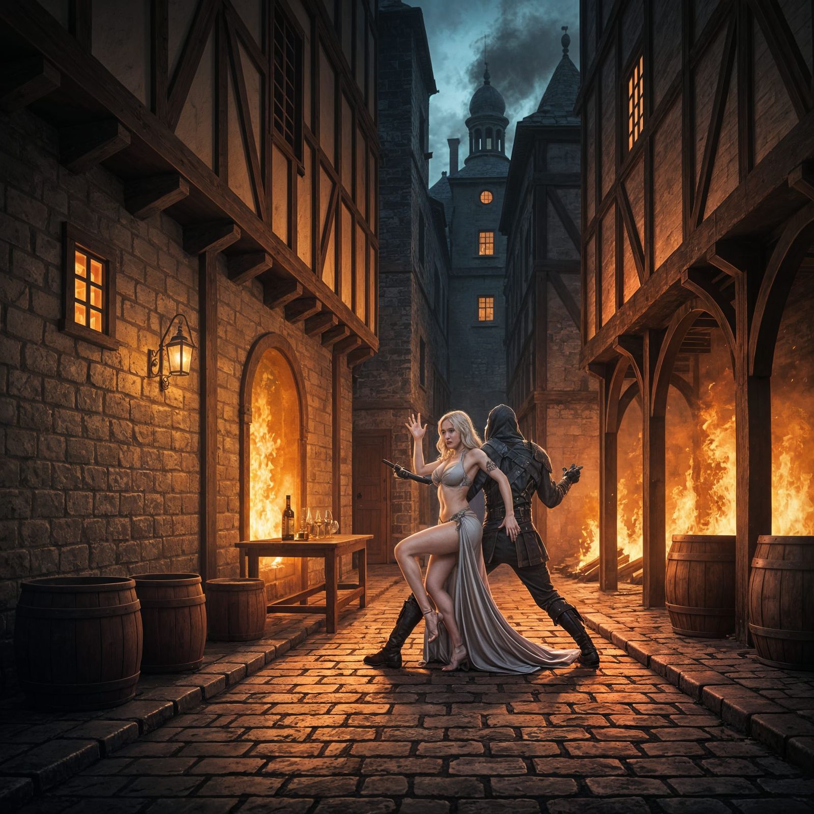 Dark Medieval Alleyway Scene: Tavern Wench Attacked