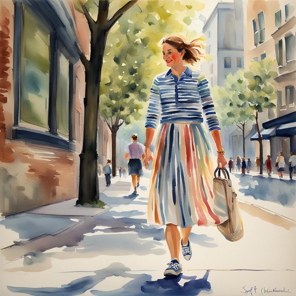 Happy French Woman Walking in Chicago: Watercolor