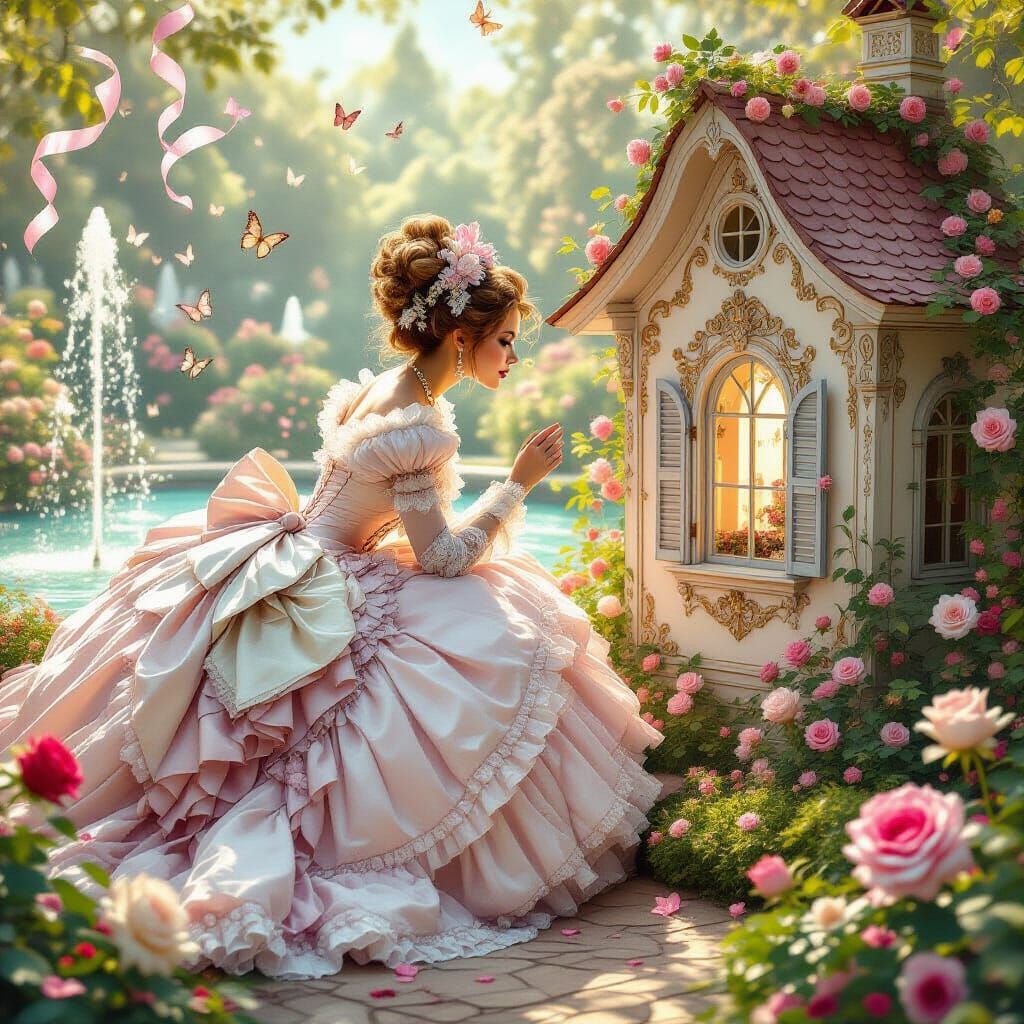 Giant Woman in Rococo Gown in Magical Garden