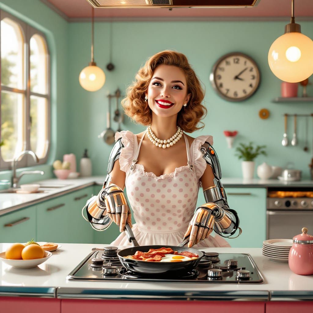 Retro-Futuristic Atomic Age Kitchen with Cybernetic Mom