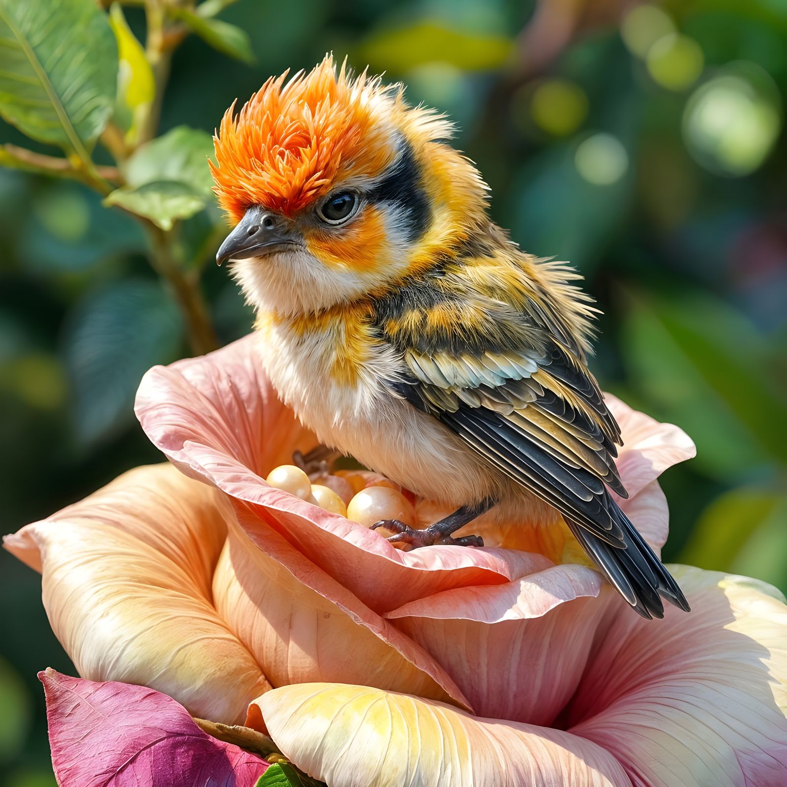 Colorful Bird on Rose Leaf in Gouache Style