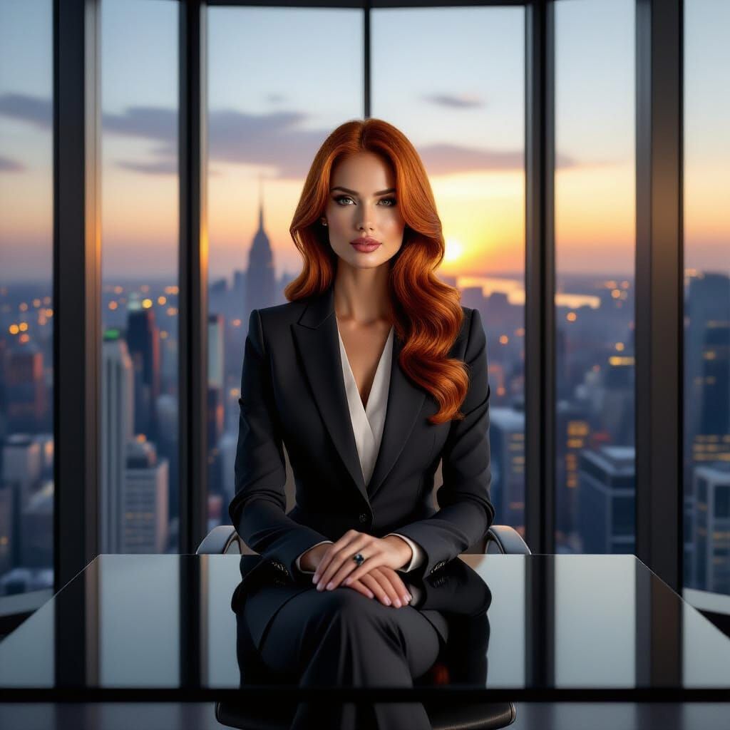 Executive Woman in Skyscraper Office at Sunset