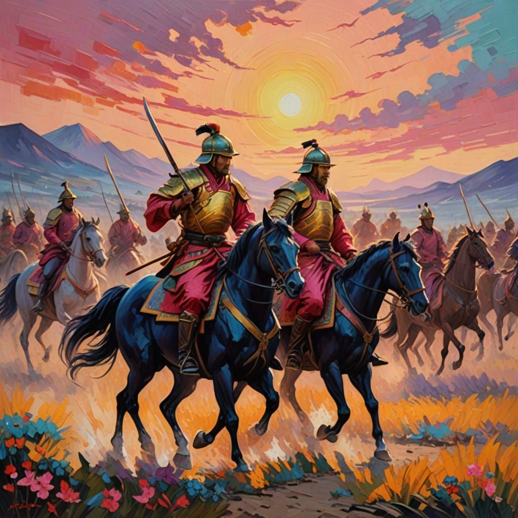 Vibrant Samurai Warriors in Sunset Neo-Impressionist Oil Pai...