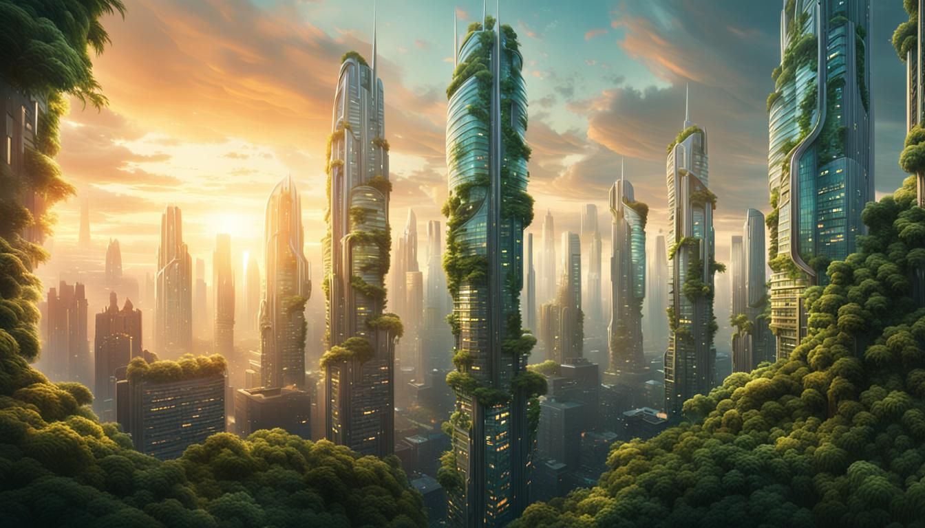 Futuristic City Sunrise in Detailed Matte Painting
