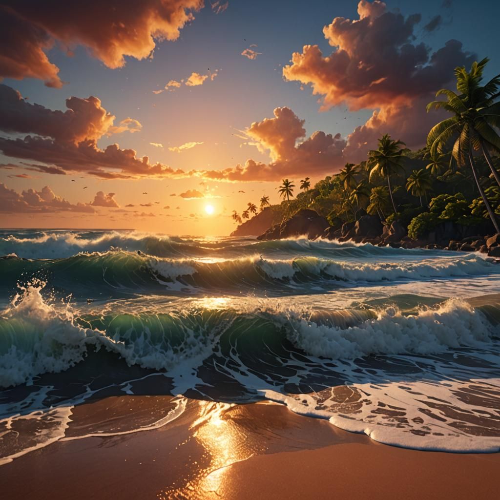 Tropical Beach Sunset in Detailed Matte Painting Style