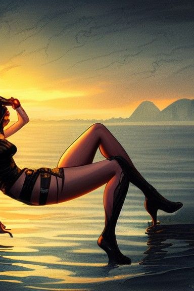 Steampunk Android Pinup at Sunset by Rutkowski