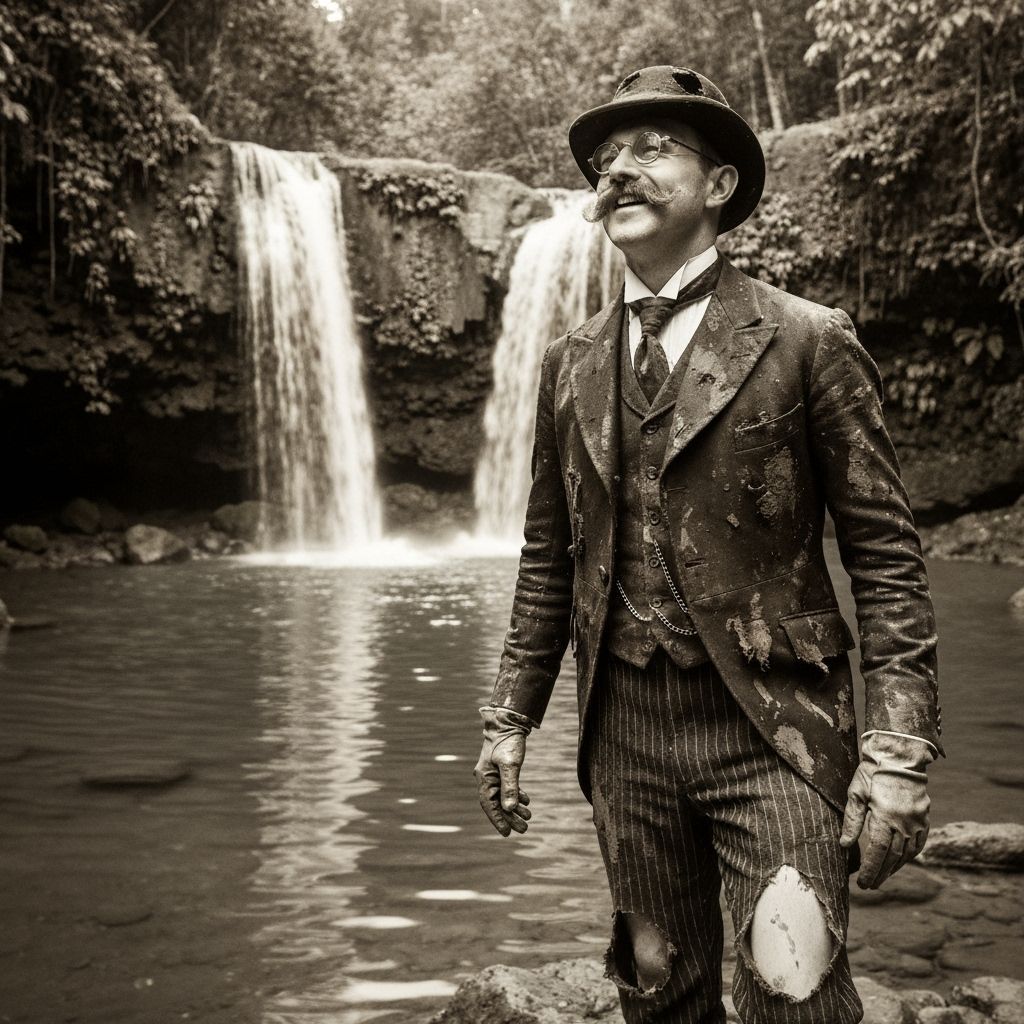 Edwardian Gentleman Discovering Jungle Waterfall in Sepia To...