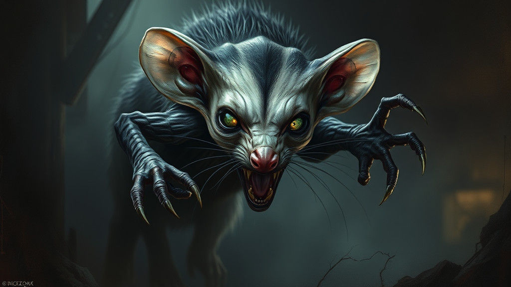 Menacing Alien-Opossum Hybrid in Dark Fantasy Style