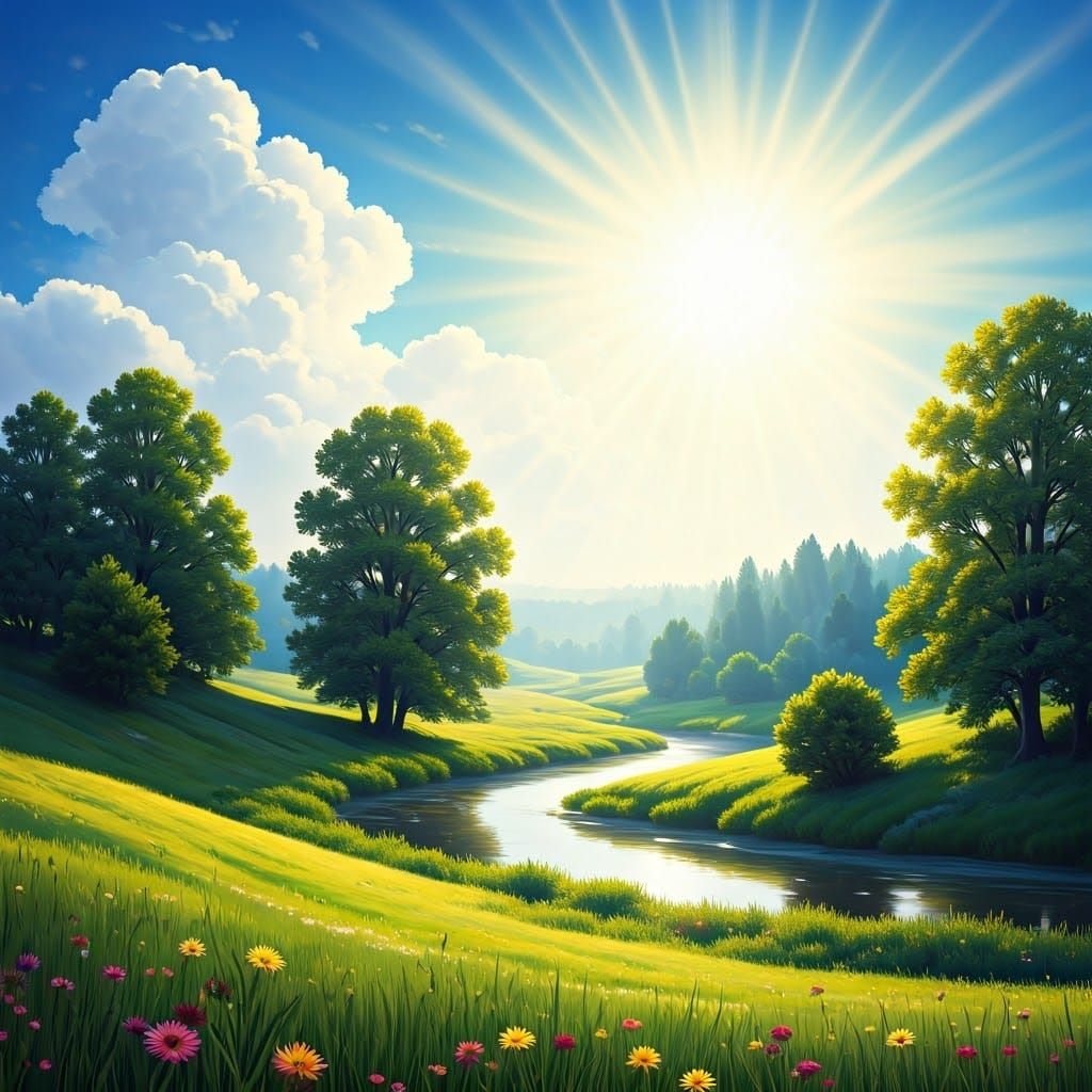 Impressionistic Landscape with Lush Green Hills and River