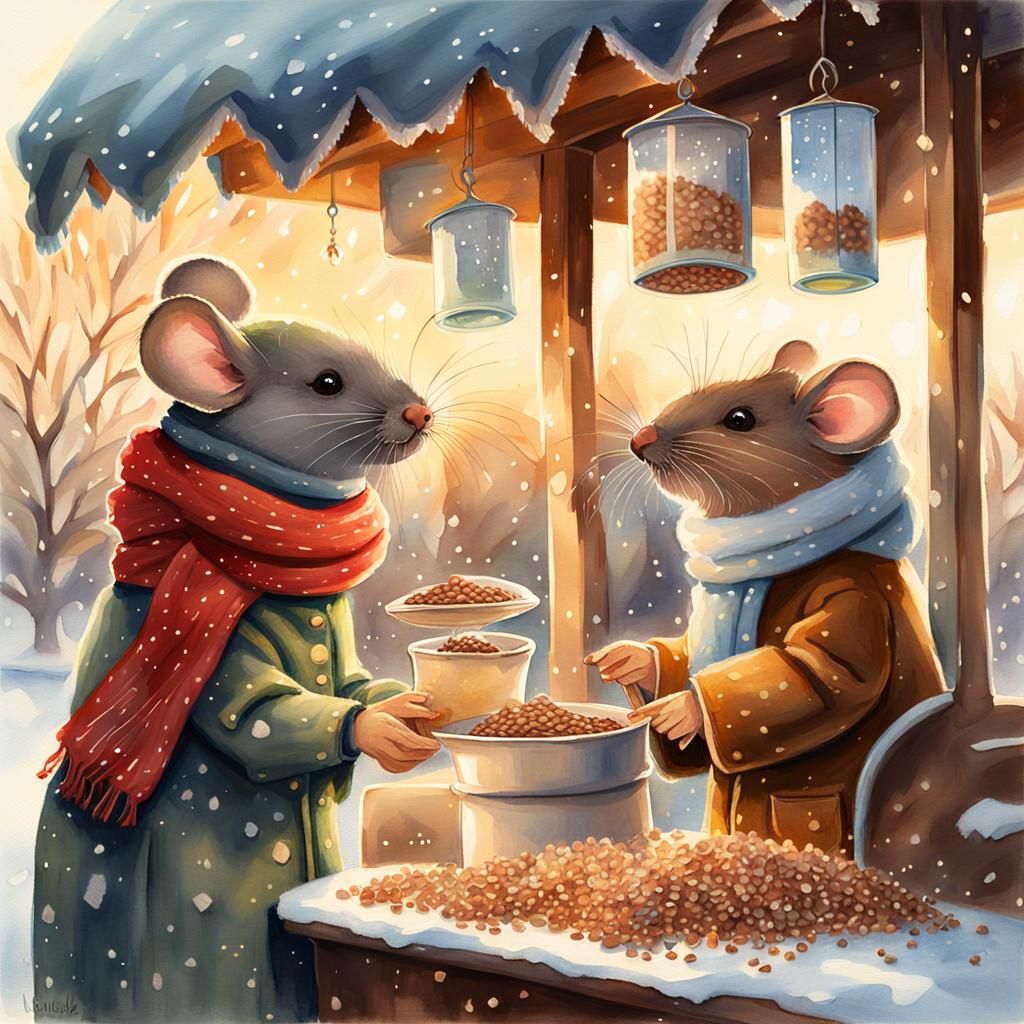 Mouse Selling Bird Seed: Whimsical Watercolor Illustration