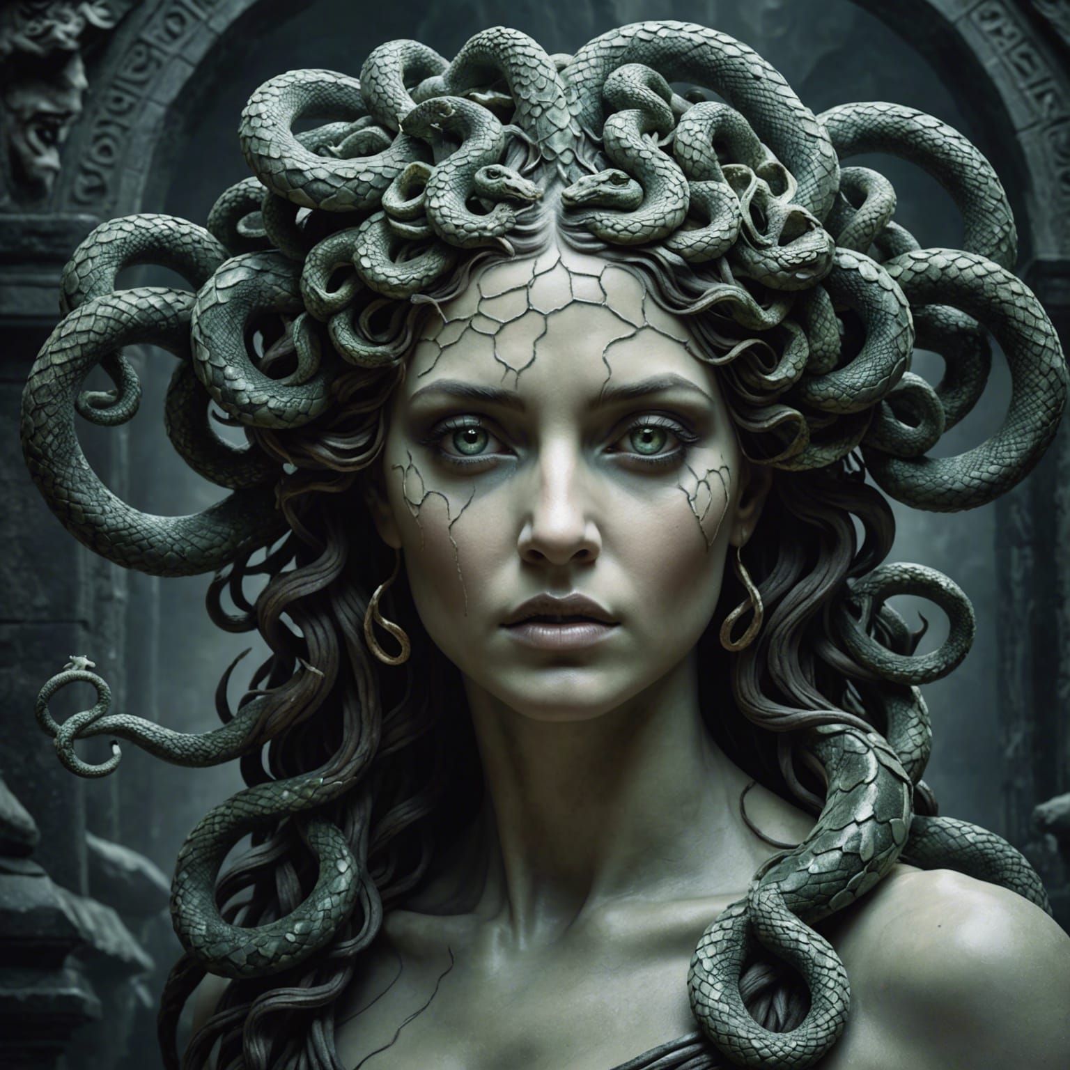 A mesmerising Medusa gazes hauntingly from the portrait, her...