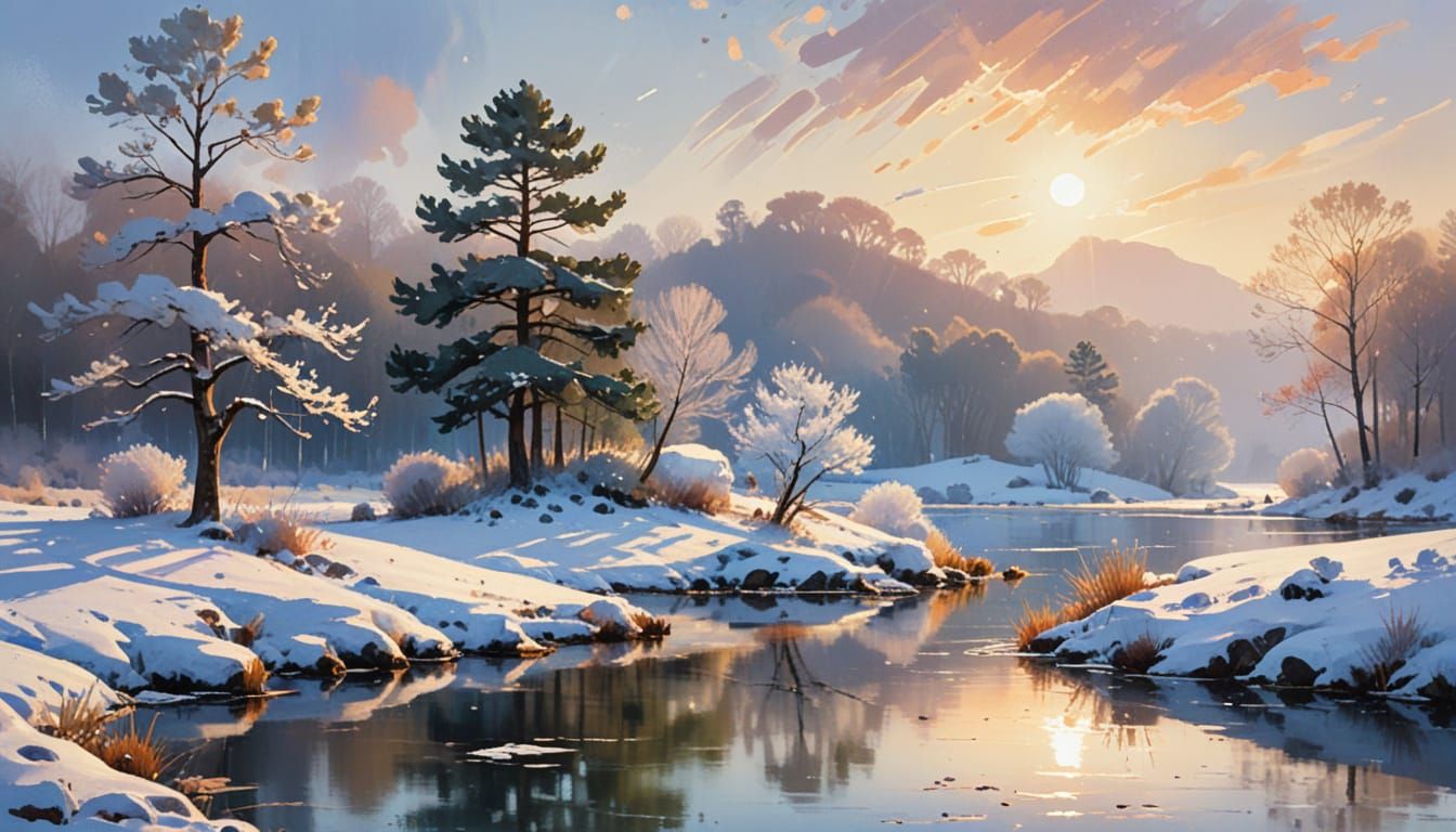 Whimsical Winter Landscape with Watercolor Textures