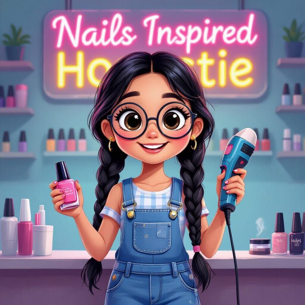 Girl with Nail Polish and Sander in Cartoon Style