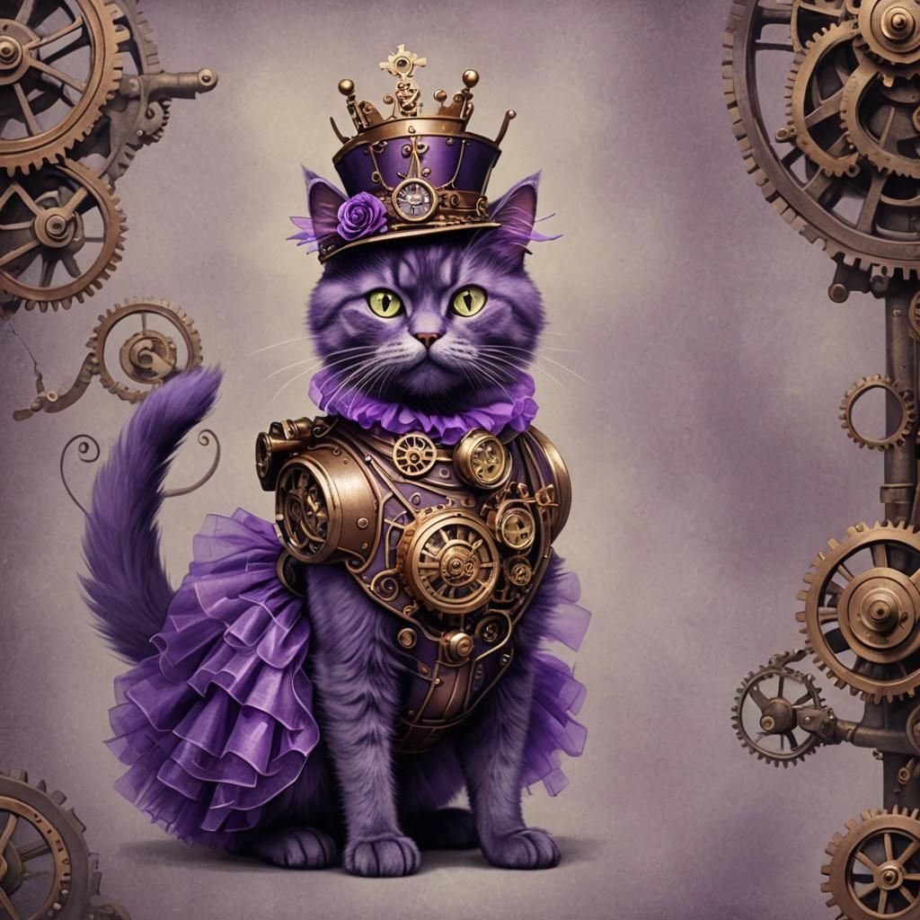 Steampunk Purple Cat in Tutu and Crown
